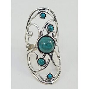 Sterling Silver 925 Turquoise Long‎ Finger Ring Size 7.25 Marked Israel
